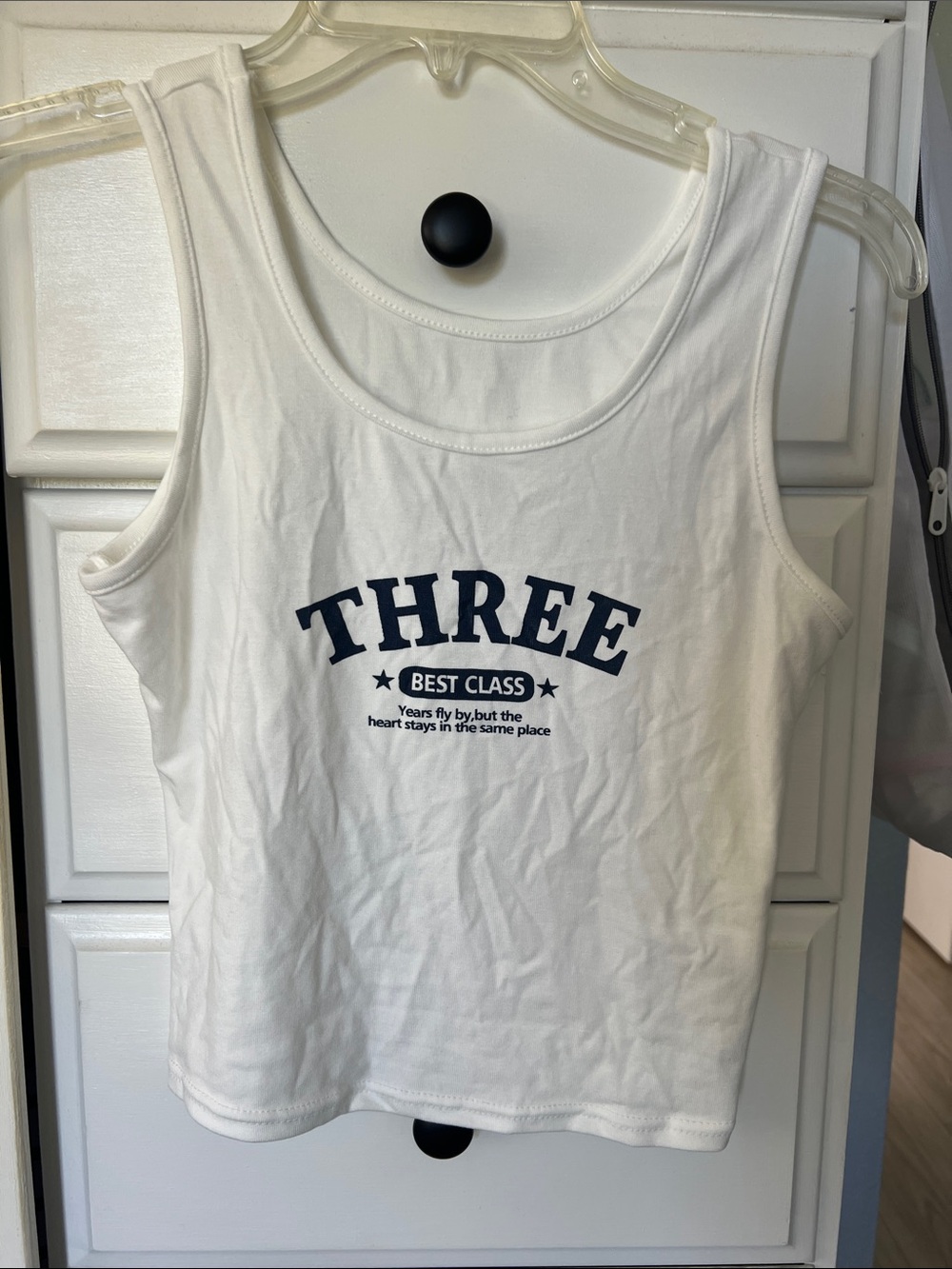 White Graphic Tank Top with Navy 'THREE' Print